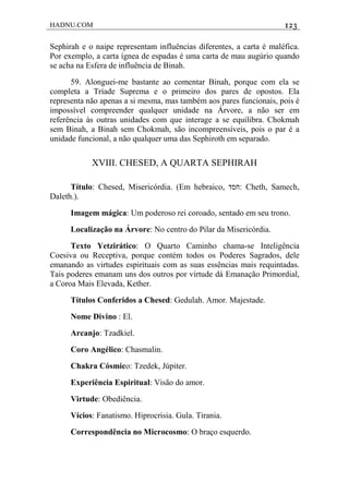 HADNU.COM 123
Sephirah e o naipe representam influências diferentes, a carta é maléfica.
Por exemplo, a carta ígnea de espadas é uma carta de mau augúrio quando
se acha na Esfera de influência de Binah.
59. Alonguei-me bastante ao comentar Binah, porque com ela se
completa a Tríade Suprema e o primeiro dos pares de opostos. Ela
representa não apenas a si mesma, mas também aos pares funcionais, pois é
impossível compreender qualquer unidade na Árvore, a não ser em
referência às outras unidades com que interage a se equilibra. Chokmah
sem Binah, a Binah sem Chokmah, são incompreensíveis, pois o par é a
unidade funcional, a não qualquer uma das Sephiroth em separado.
XVIII. CHESED, A QUARTA SEPHIRAH
Título: Chesed, Misericórdia. (Em hebraico, ‫:חסד‬ Cheth, Samech,
Daleth.).
Imagem mágica: Um poderoso rei coroado, sentado em seu trono.
Localização na Árvore: No centro do Pilar da Misericórdia.
Texto Yetzirático: O Quarto Caminho chama-se Inteligência
Coesiva ou Receptiva, porque contém todos os Poderes Sagrados, dele
emanando as virtudes espirituais com as suas essências mais requintadas.
Tais poderes emanam uns dos outros por virtude dá Emanação Primordial,
a Coroa Mais Elevada, Kether.
Títulos Conferidos a Chesed: Gedulah. Amor. Majestade.
Nome Divino : El.
Arcanjo: Tzadkiel.
Coro Angélico: Chasmalin.
Chakra Cósmico: Tzedek, Júpiter.
Experiência Espiritual: Visão do amor.
Virtude: Obediência.
Vícios: Fanatismo. Hiprocrisia. Gula. Tirania.
Correspondência no Microcosmo: O braço esquerdo.
 