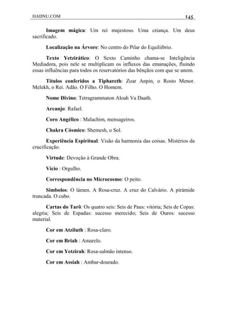 HADNU.COM 145
Imagem mágica: Um rei majestoso. Uma criança. Um deus
sacrificado.
Localização na Árvore: No centro do Pilar do Equiliíbrio.
Texto Yetzirático: O Sexto Caminho chama-se Inteligência
Mediadora, pois nele se multiplicam os influxos das emanações, fluindo
essas influências para todos os reservatórios das bênçãos com que se unem.
Títulos conferidos a Tiphareth: Zoar Anpin, o Rosto Menor.
Melekh, o Rei. Adão. O Filho. O Homem.
Nome Divino: Tetragrammaton Aloah Va Daath.
Arcanjo: Rafael.
Coro Angélico : Malachim, mensageiros.
Chakra Cósmico: Shemesh, o Sol.
Experiência Espiritual: Visão da harmonia das coisas. Mistérios da
crucificação.
Virtude: Devoção à Grande Obra.
Vício : Orgulho.
Correspondência no Microcosmo: O peito.
Simbolos: O lámen. A Rosa-cruz. A cruz do Calvário. A pirámide
truncada. O cubo.
Cartas do Tarô: Os quatro seis: Seis de Paus: vitória; Seis de Copas:
alegria; Seis de Espadas: sucesso merecido; Seis de Ouros: sucesso
material.
Cor em Atziluth : Rosa-claro.
Cor em Briah : Amarelo.
Cor em Yetzirah: Rosa-salmão intenso.
Cor em Assiah : Ambar-dourado.
 