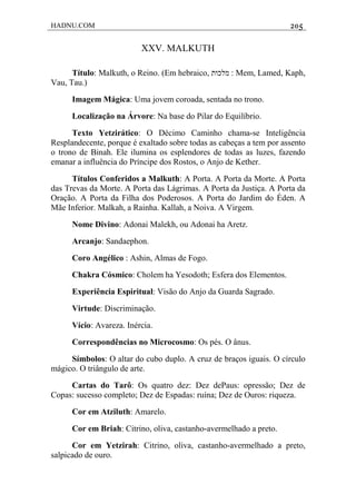 HADNU.COM 205
XXV. MALKUTH
Título: Malkuth, o Reino. (Em hebraico, ‫מלכות‬ : Mem, Lamed, Kaph,
Vau, Tau.)
Imagem Mágica: Uma jovem coroada, sentada no trono.
Localização na Árvore: Na base do Pilar do Equilíbrio.
Texto Yetzirático: O Décimo Caminho chama-se Inteligência
Resplandecente, porque é exaltado sobre todas as cabeças a tem por assento
o trono de Binah. Ele ilumina os esplendores de todas as luzes, fazendo
emanar a influência do Príncipe dos Rostos, o Anjo de Kether.
Títulos Conferidos a Malkuth: A Porta. A Porta da Morte. A Porta
das Trevas da Morte. A Porta das Lágrimas. A Porta da Justiça. A Porta da
Oração. A Porta da Filha dos Poderosos. A Porta do Jardim do Éden. A
Mãe Inferior. Malkah, a Rainha. Kallah, a Noiva. A Virgem.
Nome Divino: Adonai Malekh, ou Adonai ha Aretz.
Arcanjo: Sandaephon.
Coro Angélico : Ashin, Almas de Fogo.
Chakra Cósmico: Cholem ha Yesodoth; Esfera dos Elementos.
Experiência Espiritual: Visão do Anjo da Guarda Sagrado.
Virtude: Discriminação.
Vício: Avareza. Inércia.
Correspondências no Microcosmo: Os pés. O ânus.
Símbolos: O altar do cubo duplo. A cruz de braços iguais. O círculo
mágico. O triângulo de arte.
Cartas do Tarô: Os quatro dez: Dez dePaus: opressão; Dez de
Copas: sucesso completo; Dez de Espadas: ruína; Dez de Ouros: riqueza.
Cor em Atziluth: Amarelo.
Cor em Briah: Citrino, oliva, castanho-avermelhado a preto.
Cor em Yetzirah: Citrino, oliva, castanho-avermelhado a preto,
salpicado de ouro.
 