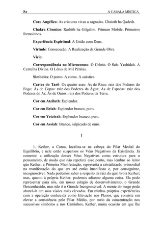 82 A CABALA MÍSTICA
Coro Angélico: As criaturas vivas a sagradas. Chaioth ha Qadesh.
Chakra Cósmico: Rashith ha Gilgalim. Primum Mobile. Primeiros
Remoinhos.
Experiência Espiritual: A União com Deus.
Virtude: Consecução. A Realização da Grande Obra.
Vício:
Correspondência no Microcosmo: O Crânio. O Sah. Yechidah. A
Centelha Divina. O Lótus de Mil Pétalas.
Simbolos: O ponto. A coroa. A suástica.
Cartas do Tarô: Os quatro ases: Ás de Raus: raiz dos Poderes do
Fogo; Ás de Copas: raiz dos Poderes da Água; Ás de Espadas: raiz dos
Poderes do Ar; Ás de Ouros: raiz dos Poderes da Terra.
Cor em Atziluth: Esplendor.
Cor em Briah: Esplendor branco, puro.
Cor em Yetzirah: Esplendor branco, puro.
Cor em Assiah: Branco, salpicado de ouro.
I
1. Kether, a Coroa, localiza-se na cabeça do Pilar Medial do
Equilíbrio, e nele estão suspensos os Véus Negativos da Existência. Já
comentei a utilização desses Véus Negativos como estrutura para o
pensamento, de modo que não repetirei esse ponto, mas lembro ao leitor
qúe Kether, a Primeira Manifestação, representa a cristalização primordial
na manifestação do que era até então imanifesto e, por conseguinte,
incognoscível. Nada podemos saber a respeito da raiz da qual brota Kether;
mas, quanto à própria Kether, podemos adiantar alguma coisa. Ela pode
representar para nós, em nosso estágio de desenvolvimento, o Grande
Desconhecido, mas não é o Grande Incognoscível. A mente do mago pode
abarcá-la em suas visões mais elevadas. Em minhas próprias experiências
com a operação conhecida como Elevação nos Planos, que consiste em
elevar a consciência pelo Pilar Médio, por meio da concentração nos
sucessivos símbolos a nos Caminhos, Kether, numa ocasião em que lhe
 