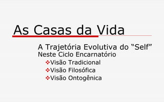 As Casas da Vida
A Trajetória Evolutiva do “Self”
Neste Ciclo Encarnatório
Visão Tradicional
Visão Filosófica
Visão Ontogênica
 