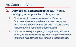 As Casas da Vida
X. Dignidades, consideração social - Honra,
prestígio, fama; posição pública; a mãe.
I. Concretização de relacionamentos. Base de
funcionamento na sociedade humana. Negócios,
assuntos de estado. A mãe em quem a consciência
racial e a Alma nacional se concretizam.
II. Domina tudo o que é prestígio, dignidade, afirmação
social, celebridade, mudança nas relações femininas.
Influencia na obtenção de prêmios e recompensas.
 