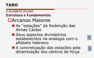 TARO
O ALFABETO DIVINO
Arcanos Maiores
 As “estações” da Redenção das
Almas Caídas
 Seus aspectos divinatórios
estabelecidos na analogia com o
alfabeto hebraico
 A concretização das estações pela
dinamização dos centros de força
Estrutura e Fundamentos
 