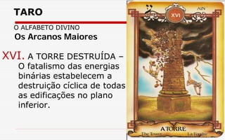 TARO
O ALFABETO DIVINO
XVI. A TORRE DESTRUÍDA –
O fatalismo das energias
binárias estabelecem a
destruição cíclica de todas
as edificações no plano
inferior.
Os Arcanos Maiores
 