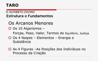 TARO
O ALFABETO DIVINO
Os Arcanos Menores
 Os 10 Algarismos –
Forças, Peso, Valor, Termos do Equilíbrio, Justiça
 Os 4 Naipes – Elementos – Energia e
Substância
 As 4 Figuras –As Posições dos Indivíduos no
Processo da Criação
Estrutura e Fundamentos
 