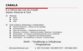 CABALA
É a Ciência das Leis da Criação
Sepher Hietzirah & Tarô
 Pessoas
 Alma
 Corpo
 Vida
 Ente Coletivo (Empresas e Instituições)
 Fatores Históricos – efeitos do seu passado
 Gerenciamento
 Vigor do Processo – Vitalidade da Empresa
 Recursos e Conceito – Fatores Humanos, Materiais, Tecnológicos
 Atratividade – os Valores de Relacionamento com o ambiente
 Relacionamento – o Repertório de Relacionamento
 Assimilação – de Substância e Valores, Transformação
Perfil – Tendências e Influências
- Prognósticos
affectator@hotmail.com  055 9154-5002 048 8809-9319 049 8868-4054
 