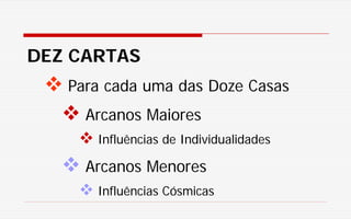 DEZ CARTAS
 Para cada uma das Doze Casas
 Arcanos Maiores
 Influências de Individualidades
 Arcanos Menores
 Influências Cósmicas
 