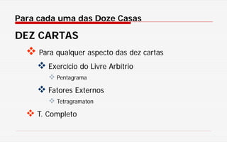 Para cada uma das Doze Casas
DEZ CARTAS
 Para qualquer aspecto das dez cartas
 Exercício do Livre Arbítrio
 Pentagrama
 Fatores Externos
 Tetragramaton
 T. Completo
 