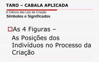 TARO – CABALA APLICADA
A Ciência das Leis da Criação
As 4 Figuras –
As Posições dos
Indivíduos no Processo da
Criação
Símbolos e Significados
 