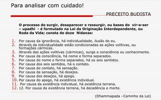 Para analisar com cuidado!
PRECEITO BUDISTA
O processo do surgir, desaparecer e ressurgir, ou bases do vir-a-ser
– upadhi - é formulado na Lei da Originação Interdependente, ou
Roda da Vida; consta de doze Nidanas:
1. Por causa da ignorância, há individualidade, ilusão do eu.
2. Através da individualidade estão condicionadas as ações volitivas, ou
formações cármicas.
3. Através das ações volitivas (cármicas), surge a consciência ou conhecimento.
4. Por causa da consciência, há nome e forma separados.
5. Por causa do nome e forma separados, há os seis sentidos.
6. Por causa dos seis sentidos, há o contato.
7. Por causa do contato, há sensação.
8. Por causa da sensação, há desejos.
9. Por causa dos desejos, há apego.
10. Por causa do apego, há existência individual.
11. Por causa da existência individual, há existência terrena.
12. 12. Por causa da existência terrena, há decadência e morte.
(Dhammapada –Caminho da Lei)
 