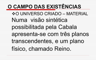 O CAMPO DAS EXISTÊNCIAS
O UNIVERSO CRIADO – MATERIAL
Numa visão sintética
possibilitada pela Cabala
apresenta-se com três planos
transcendentes, e um plano
físico, chamado Reino.
 