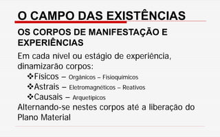 O CAMPO DAS EXISTÊNCIAS
OS CORPOS DE MANIFESTAÇÃO E
EXPERIÊNCIAS
Em cada nível ou estágio de experiência,
dinamizarão corpos:
Físicos – Orgânicos – Fisioquímicos
Astrais – Eletromagnéticos – Reativos
Causais – Arquetípicos
Alternando-se nestes corpos até a liberação do
Plano Material
 