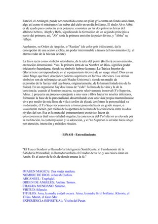 Ratziel, el Arcángel, puede ser concebido como un pilar gris contra un fondo azul claro,
algo así como si miráramos las nubes del cielo en un día brillante. El título Ab o Abba
es de ayuda para contactar esta potencia: consisten en las dos primeras letras del
alfabeto hebreo, Aleph y Beth, significando la formación de un segundo principio a
partir del primero; así, "Ab" sería la primera emisión de poder divino, y "Abba" su
reflejo.
Auphanim, su Orden de Ángeles, o "Ruedas" (de color gris iridiscente), da la
concepción de una acción cíclica, un poder interminable a través del movimiento (Ej. el
eterno rodar de la bóveda celeste).
La línea recta como símbolo subsidiario, da la idea del punto (Kether) en movimiento,
en moción dimensional. Yod, la primera letra de su Nombre de Dios, significa poder
iniciatorio fecundante, siendo su símbolo hebreo la mano. La Túnica Interior de
Gloria tiene correspondencia en el equipamiento técnico de un mago ritual: Dios es un
Gran Mago que hace descender poderes superiores en formas inferiores. Los demás
símbolos son de referencia sexual (Macho Universal), siendo un medio de
expresión de la fuerza vital que brota, originariamente, de lo Inmanifestado (no de lo
físico). En un organismo hay dos líneas de "vida": la línea de la vida y la de la
conciencia; cuando el hombre encarna, su parte relativamente inmortal (Yo Superior,
Alma...) proyecta un proceso semejante a una vara o fibra hacia los niveles inferiores,
formando la base de la personalidad, desarrollando ésta una vida propia manteniéndose
viva por medio de esta línea de vida (cordón de plata); conforme la personalidad va
madurando, él Yo Superior comienza a tomar posesión hasta un grado mayor, o
usualmente menor, por medio de la apertura de la línea de la conciencia entre los dos
niveles del ser. Esa es la meta del entrenamiento esotérico: hacer de
esta conciencia dual una realidad singular; la conciencia del Yo Inferior es elevada por
la meditación, la contemplación y la adoración, y el Yo Superior es atraído hacia abajo
por atención, intención y métodos rituales.
BINAH - Entendimiento
"El Tercer Sendero es llamado la Inteligencia Santificante, el Fundamento de la
Sabiduría Primordial; es llamado también el Creador de la Fe, y sus raíces están en
Amén. Es el autor de la fe, de donde emana la fe."
IMAGEN MAGICA: Una mujer madura.
NOMBRE DE DIOS: Jehovah Elohim.
ARCANGEL: Tzaphqiel.
ORDEN DE ANGELES: Aralim. Tronos.
CHAKRA MUNDANO: Saturno.
VIRTUD: Silencio.
TITULOS: Ama, la madre estéril oscura. Aima, la madre fértil brillante. Khorsia, el
Trono. Marah, el Gran Mar.
EXPERIENCIA ESPIRITUAL: Visión del Pesar.
 
