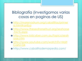 Bibliografía (investigamos varias
cosas en paginas de US)
 http://marenostrum.org/caballitos/primer
a.html#arriba
 http://www.theseahorsetrust.org/seahorse
-facts.aspx
 http://www.kidcyber.com.au/topics/seah
orse.htm
 http://www.youtube.com/watch?v=MsH
CqrrU-Gk
 http://www.caballitodemarpedia.com/
 