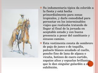 Su indumentaria típica da colorido a la fiesta y está hecha primordialmente para zonas tropicales, y darle comodidad para pernoctar en los interminables viajes que realizaba tratando de llegar al final de la jornada en aceptable estado y con buena presencia a pesar del cambiante y sinuoso camino. Esta vestimenta consta de sombrero de paja de junco o de toquilla, pañuelo blanco anudado al cuello, poncho fino de lana de alpaca o vicuña, botines de cuero curtido, zapatos altos y espuelas brillantes que le dan singular galardón a su exhibición. 
