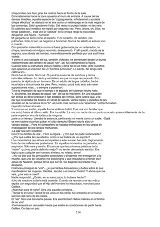 chisporroteo nos hizo girar los rostros hacia el fondo de la sala.
Concretamente hacia la zona opuesta al muro de entrada. A causa de las
densas tinieblas, aquella especie de “zigzagueante, infinitesimal y azulada
chispa eléctrica” se destacó en el aire como un relámpago en la más negra de
las tormentas. Debí quedarme lívido. Del resto no puedo hablar: no les veía.
El culebreo azul metálico se repitió por segunda vez. Pero, ahora, oh, Dios, no
tengo palabras!... esta vez la “cabeza” de la chispa rasgó la oscuridad,
dibujando una figura... humana!
Mi garganta se secó como el esparto. Y mi corazón, mi cerebro, mis
pulmones, todo mi ser, se negaron a funcionar. Nunca he sabido si estuve vivo
o muerto...
Con precisión matemática -como si fuera gobernada por un ordenador-, la
chispa, terminado el mágico recorrido, desapareció. Y allí quedó, nacida de la
negrura, una silueta de hombre, maravillosamente perfilada por una sutil línea
violeta.
Y como si una cascada de luz, también violácea, se derramase desde un punto
indeterminado del cerebro de aquel “ser", así fue colmándose la figura.
Cuando toda su estructura estuvo repleta y llena de la luz mate, ante nuestros
ojos apareció el volumen de un “hombre luminoso". Lo siento. No tengo otra
calificación...
Quizá fue el miedo. No lo sé. O quizá la ausencia de sombras y de los
naturales relieves. Lo cierto y verdadero es que no supe reconocerlo. Era,
parecía, la réplica de un humano. De un adulto de largos cabellos, barba
recortada y túnica hasta los pies. Pero, insisto, quizá todo esto solo sean
suposiciones mías... y siempre a posterior!.
Tuve la impresión de que el tiempo y el espacio se hubieran hecho hielo.
Y, de pronto, los brazos de aquel “ser” de luz se movieron. En una situación
tan crítica es difícil precisar o fijar detalles tan nimios, pero juraría que, a la
par que levantaba los brazos en señal de saludo, varias copas y espadas de las
situadas en la curvatura de la “U" -el punto más cercano a la “aparición “-entrechocaban,
cayendo incluso al suelo.
Y como en un sueño, aquella forma violácea habló. Fue una voz familiar que
me erizó hasta el último vello. Era increíble. La voz no nacía de un punto.concreto -presumiblemente de la
parte superior- sino de todas y de ninguna
parte a un tiempo. Llenaba la estancia, perforando mi mente como un sable. -Ojalá
se me hubiera ocurrido pulsar mi oído derecho! Eliseo habría sido un
valioso testigo... Pero mi compañero se hallaba enfrascado en las tareas de
investigación de los lienzos mortuorios.
-La paz sea con vosotros!
Era Él! Su timbre de voz... Pero su figura... ¿Por qué no pude reconocerla?
-¿Por qué estáis tan asustados, como si se tratara de un espíritu?
Los comentarios que ahora acompañan a este suceso han sido, lógicamente,
fruto de mis reflexiones posteriores. En aquellos momentos no pensaba, no
respiraba. Sólo veía y sentía. El caso es que las primeras palabras de la
“visión" -¿cómo podría definirla mejor?- no tenían demasiado sentido. Era
lógico que cualquier ser humano sintiera, no miedo, terror!
-¿No os dije que los principales sacerdotes y dirigentes me entregarían a la
muerte, que uno de vosotros me traicionaría y que resucitaría al tercer día?
Jesús de Nazaret -porque tenía que ser Él- fue bajando los brazos muy
despacio.
Entonces-prosiguió la “voz"-, ¿a qué tantas discusiones y dudas sobre lo que
manifestaron las mujeres, Cleofás, Jacobo o el mismo Pedro? Y ahora que me
veis, ¿me vais a creer?
Nadie respondió. ¿Quién, en su sano juicio, lo hubiera hecho?
-Uno de vosotros todavía está ausente. Cuando os reunais una vez más y
sepáis con seguridad que el Hijo del Hombre ha resucitado, marchad para
Galilea...
¿Marchar para el norte? Otra vez aquella consigna...
-Tened fe en Dios! Tened fe los unos en los otros! Así entraréis en el nuevo
servicio del reino de los cielos.
El “ser” hizo una brevísima pausa. Era asombroso! Había matices en el timbre
de su voz!
-Permaneceré en Jerusalén hasta que estéis en condiciones de partir hacia
Galilea. Os dejo en paz.
214
 