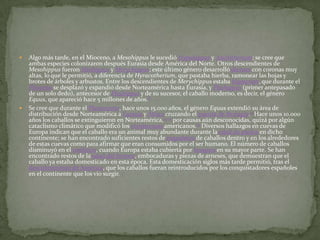    Algo más tarde, en el Mioceno, a Mesohippus le sucedió Hypohippus y Anchitherium; se cree que
    ambas especies colonizaron después Eurasia desde América del Norte. Otros descendientes de
    Mesohippus fueron Miohippus y Merychippus; este último género desarrolló dientes con coronas muy
    altas, lo que le permitió, a diferencia de Hyracotherium, que pastaba hierba, ramonear las hojas y
    brotes de árboles y arbustos. Entre los descendientes de Merychippus estaba Hipparion, que durante el
    Plioceno se desplazó y expandió desde Norteamérica hasta Eurasia, y Pliohippus (primer antepasado
    de un solo dedo), antecesor de Pleshippus y de su sucesor, el caballo moderno, es decir, el género
    Equus, que apareció hace 5 millones de años.8
   Se cree que durante el Pleistoceno, hace unos 15.000 años, el género Equus extendió su área de
    distribución desde Norteamérica a Eurasia y África cruzando el puente de Beringia.9 Hace unos 10.000
    años los caballos se extinguieron en Norteamérica,10 11 por causas aún desconocidas, quizá por algún
    cataclismo climático que modificó los ecosistemas americanos.12 Diversos hallazgos en cuevas de
    Europa indican que el caballo era un animal muy abundante durante la edad de piedra en dicho
    continente; se han encontrado suficientes restos de esqueletos de caballos dentro y en los alrededores
    de estas cuevas como para afirmar que eran consumidos por el ser humano. El número de caballos
    disminuyó en el neolítico, cuando Europa estaba cubierta por bosques en su mayor parte. Se han
    encontrado restos de la edad del bronce, embocaduras y piezas de arneses, que demuestran que el
    caballo ya estaba domesticado en esta época. Esta domesticación siglos más tarde permitió, tras el
    descubrimiento de América, que los caballos fueran reintroducidos por los conquistadores españoles
    en el continente que los vio surgir.
 
