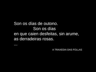 Son os días de outono. Son os días en que caien desfeitas, sin arume, as derradeiras rosas. ...  A TRAXEDIA DAS FOLLAS 