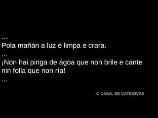 ...  Pola mañán a luz é limpa e crara. ... ¡Non hai pinga de ágoa que non brile e cante nin folla que non ría! ... O CASAL DE CATICOVAS 