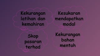 Kekurangan
latihan dan
kemahiran
Kesukaran
mendapatkan
modal
Skop
pasaran
terhad
Kekurangan
bahan
mentah
 