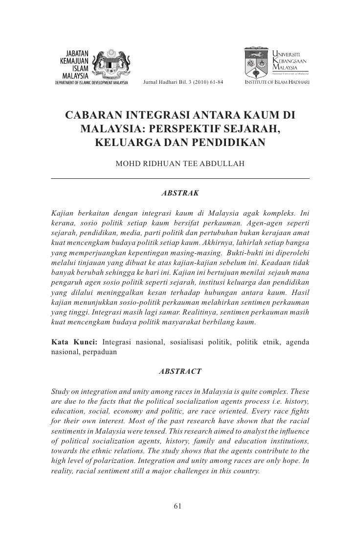 Cabaran integrasi antara kaum di malaysia persektif 