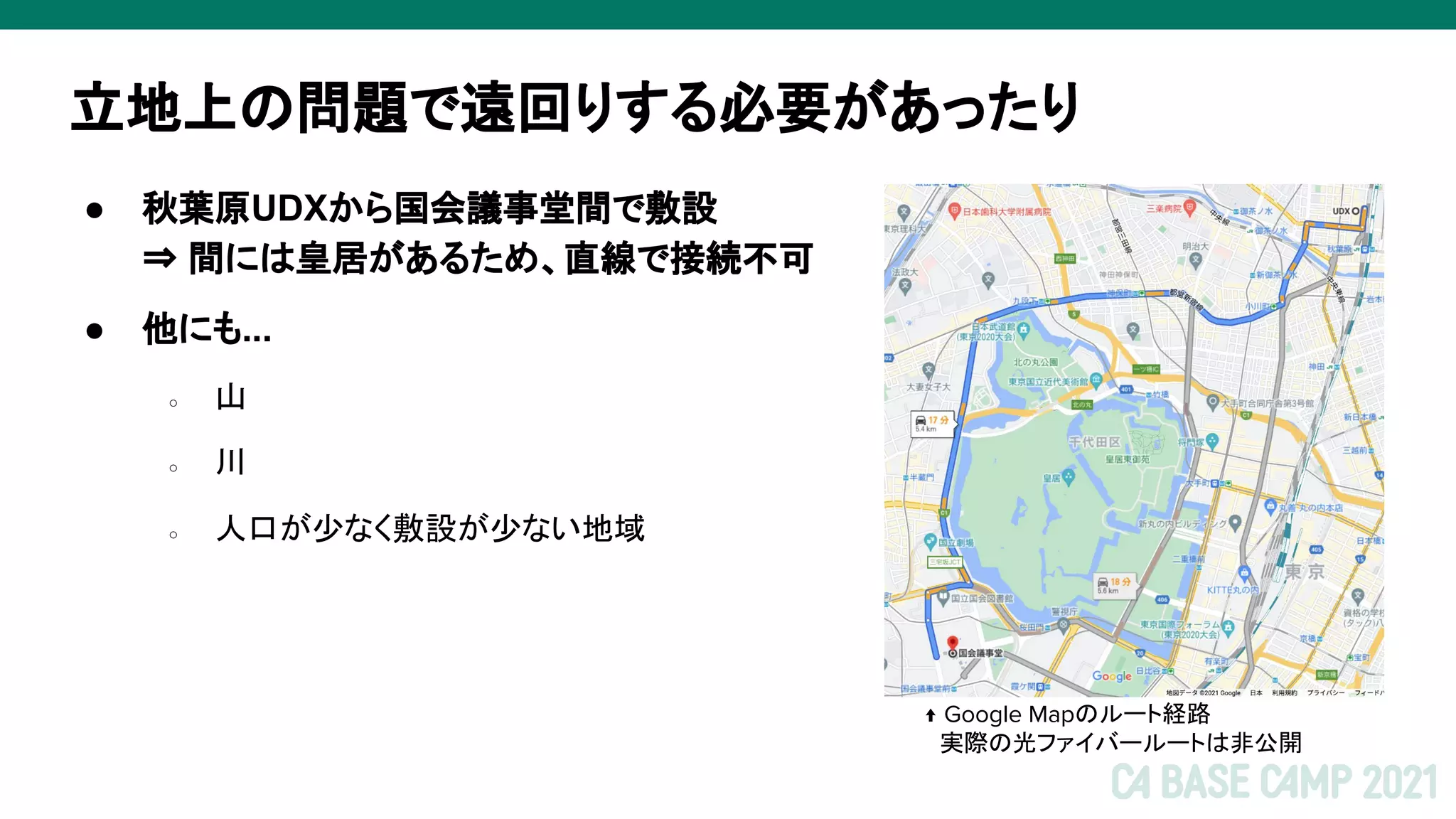 立地上の問題で遠回りする必要があったり
● 秋葉原UDXから国会議事堂間で敷設
⇒ 間には皇居があるため、直線で接続不可
● 他にも...
○ 山
○ 川
○ 人口が少なく敷設が少ない地域
↑ Google Mapのルート経路
　実際の光ファイバールートは非公開
 