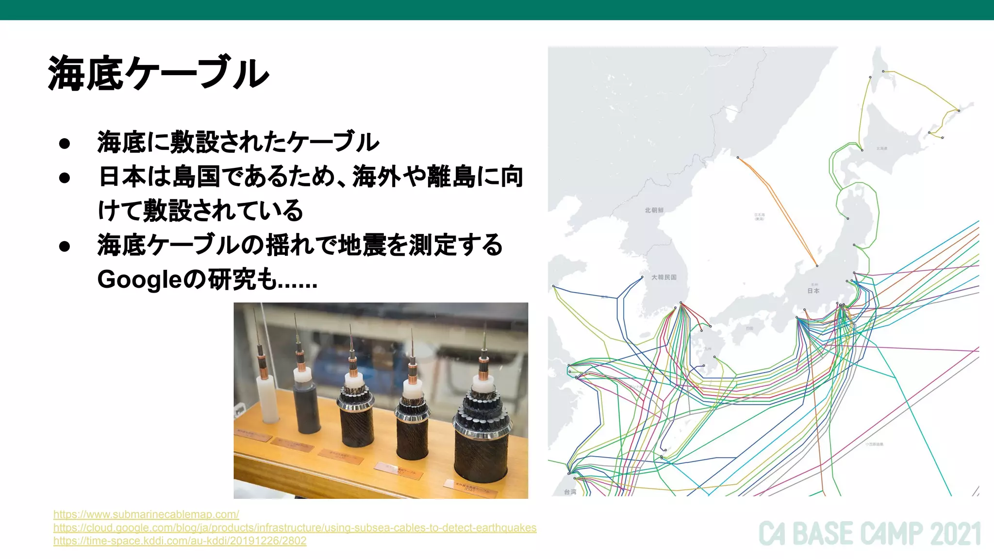 海底ケーブル
● 海底に敷設されたケーブル
● 日本は島国であるため、海外や離島に向
けて敷設されている
● 海底ケーブルの揺れで地震を測定する
Googleの研究も......
https://www.submarinecablemap.com/
https://cloud.google.com/blog/ja/products/infrastructure/using-subsea-cables-to-detect-earthquakes
https://time-space.kddi.com/au-kddi/20191226/2802
 