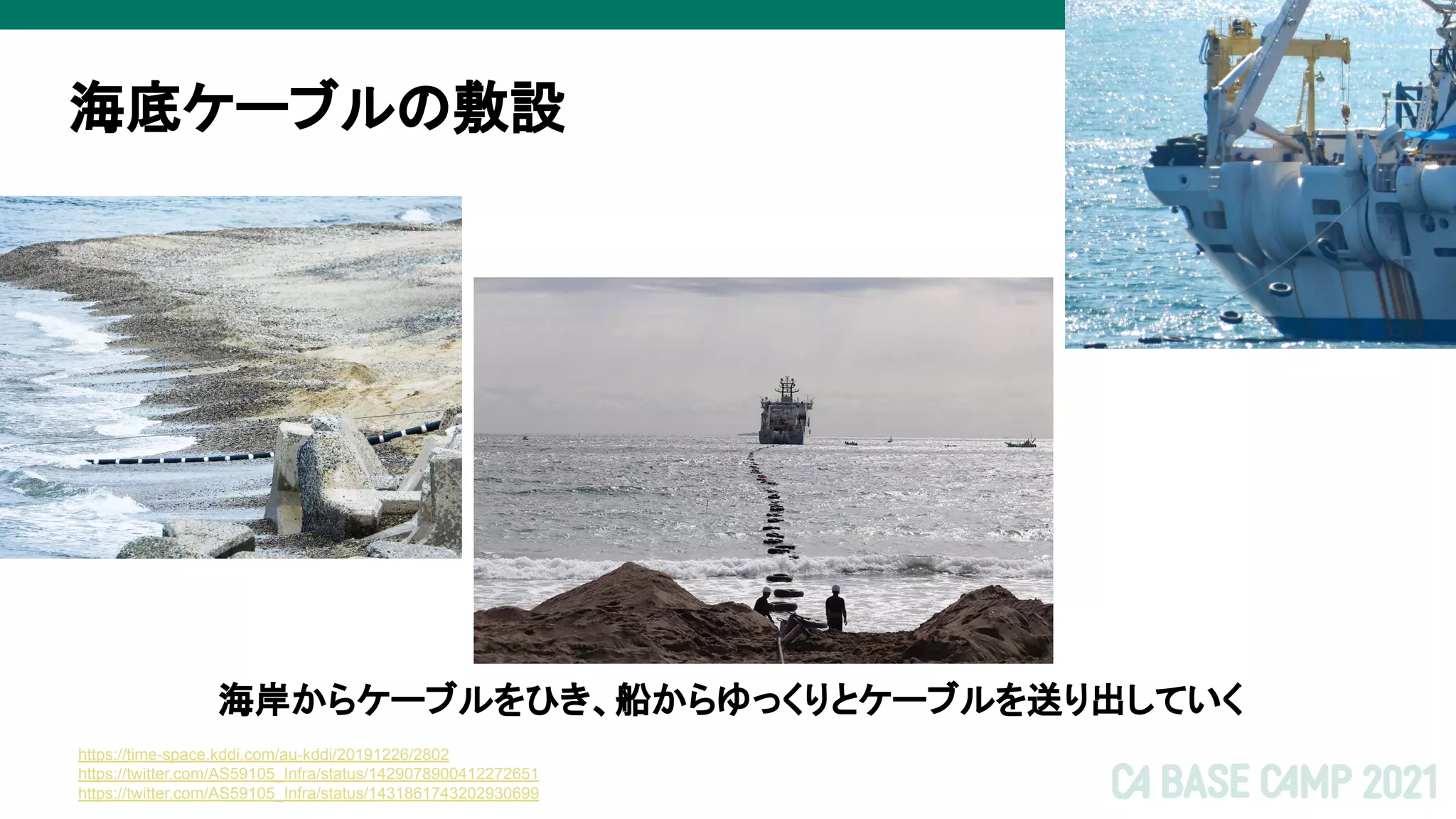 海底ケーブルの敷設
海岸からケーブルをひき、船からゆっくりとケーブルを送り出していく
https://time-space.kddi.com/au-kddi/20191226/2802
https://twitter.com/AS59105_Infra/status/1429078900412272651
https://twitter.com/AS59105_Infra/status/1431861743202930699
 