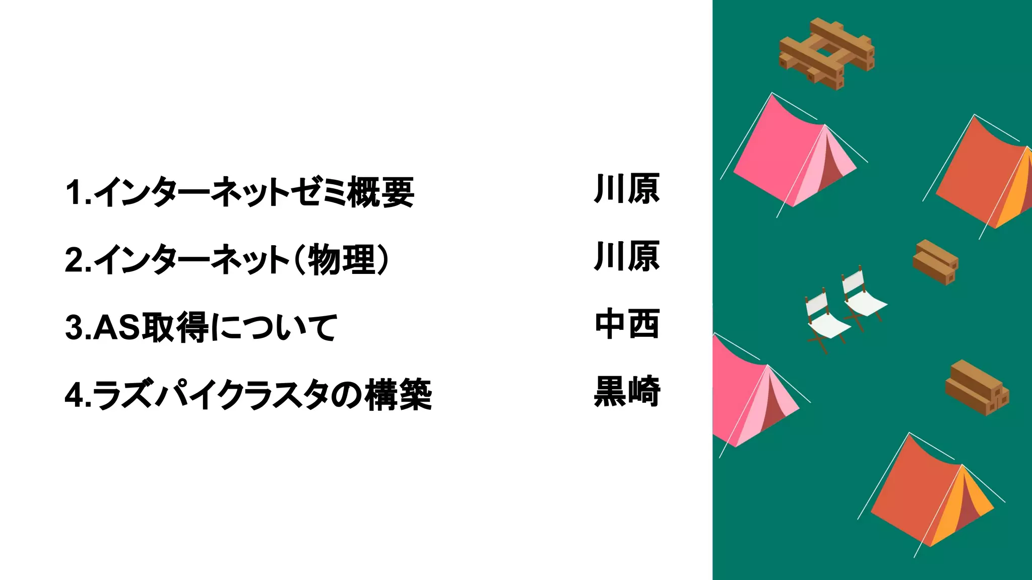 1.インターネットゼミ概要
2.インターネット（物理）
3.AS取得について
4.ラズパイクラスタの構築
川原
川原
中西
黒崎
 