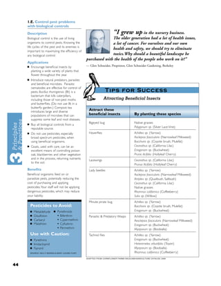 1.E. Control pest problems
     with biological controls
     Description                                                          “I grew up in the nursery business.
     Biological control is the use of living                      The older generation had a lot of health issues,
     organisms to control pests. Knowing the                      a lot of cancer. For ourselves and our own
     life cycles of the pest and its enemies is
                                                                  health and safety, we should try to eliminate
     important to maximizing the efﬁciency of
     any biological control.                                      toxics.Why should a beautiful landscape be
                                                    purchased with the health of the people who work on it?"
     Applications
     ■   Encourage beneﬁcial insects by             — Glen Schneider, Proprietor, Glen Schneider Gardening, Berkeley
         planting a wide variety of plants that
         ﬂower throughout the year.
     ■   Introduce natural predators, parasites
         and beneﬁcial microbes. Parasitic
         nematodes are effective for control of
         pests. Bacillus thuringiensis (Bt) is a                     Tips for Success
         bacterium that kills caterpillars,
         including those of non-pest moths                        Attracting Beneﬁcial Insects
         and butterﬂies. (Do not use Bt in a
         butterﬂy garden.) Compost tea
         introduces large and diverse
                                                      Attract these
         populations of microbes that can             beneﬁcial insects                   By planting these species
         suppress some leaf and root diseases.
     ■
                                                      Bigeyed bug                         Native grasses
         Buy all biological controls from a
         reputable source.                                                                Polygonum sp. (Silver Lace Vine)
     ■   Do not use pesticides, especially            Hoverﬂies                           Achillea sp. (Yarrow)
         broad spectrum pesticides, when                                                  Asclepias fascicularis (Narrowleaf Milkweed)
         using beneﬁcial organisms.                                                       Baccharis sp. (Coyote brush, Mulefat)
     ■   Goats, used with care, can be an                                                 Ceanothus sp. (California Lilac)
         excellent means of controlling poison                                            Eriogonom sp. (Buckwheat)
         oak, blackberries and other vegetation                                           Prunis ilicifolia (Hollyleaf Cherry)
         and in the process, returning nutrients
                                                      Lacewings                           Ceanothus sp. (California Lilac)
         to the soil.
                                                                                          Prunus Ilicifolia (Hollyleaf Cherry)
     Beneﬁts                                          Lady beetles                        Achillea sp. (Yarrow)
     Beneﬁcial organisms feed on or                                                       Asclepias fascicularis (Narrowleaf Milkweed)
     parasitize pests, potentially reducing the                                           Atriplex sp. (Quailbush, Saltbush)
     cost of purchasing and applying                                                      Ceanothus sp. (California Lilac)
     pesticides.Your staff will not be applying                                           Native grasses
     dangerous pesticides, which may reduce                                               Rhamnus californica (Coffeeberry)
     your liability.                                                                      Salix sp. (Willow)
                                                      Minute pirate bug                   Achillea sp. (Yarrow)
         Pesticides to Avoid:                                                             Baccharis sp. (Coyote brush, Mulefat)
         ■   Metaldehyde     ■   Pyrethroids                                              Eriogonum sp. (Buckwheat)
         ■   Disulfoton          • Bifenthrin         Parasitic & Predatory Wasps         Achillea sp. (Yarrow)
         ■   Carbaryl            • Cypermethrin                                           Aesclepias fascicularis (Narrowleaf Milkweed)
         ■   Malathion           • Cyﬂuthrin                                              Eriogonum sp. (Buckwheat)
                                 • Permethrin                                             Myoporum sp. (Boobialla)
         Use with Caution:                            Tachnid ﬂies                        Achillea sp. (Yarrow)
         ■   Pyrethrins                                                                   Eriogonum sp. (Buckwheat)
         ■   Imidacloprid                                                                 Heteromeles arbutifolia (Toyon)
         ■   Fipronil                                                                     Myoporum sp. (Boobialla)
         SOURCE: KELLY MORAN & MARY LOUISE FLINT,                                         Rhamnus californica (Coffeeberry)
                                                    ADAPTED FROM CORNFLOWER FARMS WILDLAND/AGRICULTURE CATALOG, 2006



44
 