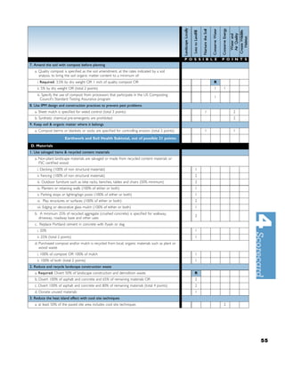 P O S S I B L E   P O I N T S
7. Amend the soil with compost before planting
   a. Quality compost is speciﬁed as the soil amendment, at the rates indicated by a soil
      analysis, to bring the soil organic matter content to a minimum of:
    i. Required: 3.5% by dry weight OR 1 inch of quality compost OR                                            R
    ii. 5% by dry weight OR (total 2 points)                                                                   1    1
    iii. Specify the use of compost from processors that participate in the US Composting
                                                                                                               1
        Council's Standard Testing Assurance program
8. Use IPM design and construction practices to prevent pest problems
   a. Sheet mulch is speciﬁed for weed control (total 3 points)                                            1             2
   b. Synthetic chemical pre-emergents are prohibited                                                                    2
9. Keep soil & organic matter where it belongs
   a. Compost berms or blankets or socks are speciﬁed for controlling erosion (total 2 points)             1             1

                       Earthwork and Soil Health Subtotal, out of possible 21 points:
D. Materials
1. Use salvaged items & recycled content materials
   a. Non-plant landscape materials are salvaged or made from recycled content materials or
      FSC certiﬁed wood:
    i. Decking (100% of non structural materials)                                                     1
    ii. Fencing (100% of non structural materials)                                                    2
    iii. Outdoor furniture such as bike racks, benches, tables and chairs (50% minimum)               2
    iv. Planters or retaining walls (100% of either or both)                                          1
    v. Parking stops or lighting/sign posts (100% of either or both)                                  1
    vi. Play structures or surfaces (100% of either or both)                                          2
    vii. Edging or decorative glass mulch (100% of either or both)                                    1
   b. A minimum 25% of recycled aggregate (crushed concrete) is speciﬁed for walkway,
                                                                                                      2
     driveway, roadway base and other uses
   c. Replace Portland cement in concrete with ﬂyash or slag
    i. 20%                                                                                            1
    ii. 25% (total 2 points)                                                                          1
   d. Purchased compost and/or mulch is recycled from local, organic materials such as plant or
      wood waste
    i. 100% of compost OR 100% of mulch                                                               1
    ii. 100% of both (total 2 points)                                                                 1
2. Reduce and recycle landscape construction waste
   a. Required: Divert 50% of landscape construction and demolition waste.                            R
   b. Divert 100% of asphalt and concrete and 65% of remaining materials OR                           2
   c. Divert 100% of asphalt and concrete and 80% of remaining materials (total 4 points)             2
   d. Donate unused materials                                                                         1
3. Reduce the heat island effect with cool site techniques
   a. at least 50% of the paved site area includes cool site techniques                                             2




                                                                                                                                  55
 