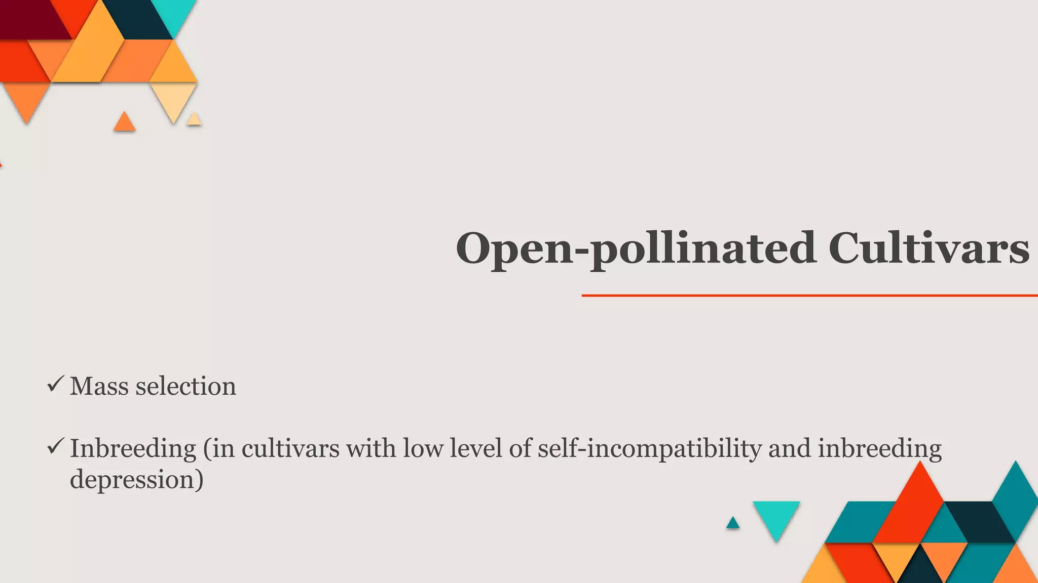  Mass selection
 Inbreeding (in cultivars with low level of self-incompatibility and inbreeding
depression)
Open-pollinated Cultivars
 