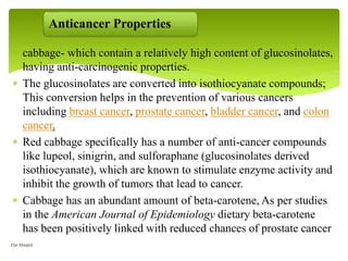 Anticancer Properties
 cabbage- which contain a relatively high content of glucosinolates,
having anti-carcinogenic properties.
 The glucosinolates are converted into isothiocyanate compounds;
This conversion helps in the prevention of various cancers
including breast cancer, prostate cancer, bladder cancer, and colon
cancer.
 Red cabbage specifically has a number of anti-cancer compounds
like lupeol, sinigrin, and sulforaphane (glucosinolates derived
isothiocyanate), which are known to stimulate enzyme activity and
inhibit the growth of tumors that lead to cancer.
 Cabbage has an abundant amount of beta-carotene, As per studies
in the American Journal of Epidemiology dietary beta-carotene
has been positively linked with reduced chances of prostate cancer
Dar Maajid
 