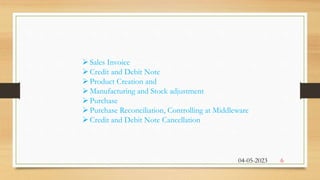 Sales Invoice
Credit and Debit Note
Product Creation and
Manufacturing and Stock adjustment
Purchase
Purchase Reconciliation, Controlling at Middleware
Credit and Debit Note Cancellation
04-05-2023 6
 
