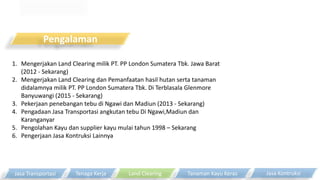 Pengalaman
1. Mengerjakan Land Clearing milik PT. PP London Sumatera Tbk. Jawa Barat
(2012 - Sekarang)
2. Mengerjakan Land Clearing dan Pemanfaatan hasil hutan serta tanaman
didalamnya milik PT. PP London Sumatera Tbk. Di Terblasala Glenmore
Banyuwangi (2015 - Sekarang)
3. Pekerjaan penebangan tebu di Ngawi dan Madiun (2013 - Sekarang)
4. Pengadaan Jasa Transportasi angkutan tebu Di Ngawi,Madiun dan
Karanganyar
5. Pengolahan Kayu dan supplier kayu mulai tahun 1998 – Sekarang
6. Pengerjaan Jasa Kontruksi Lainnya
Tanaman Kayu KerasTenaga Kerja Land ClearingJasa Transportasi Jasa Kontruksi
 