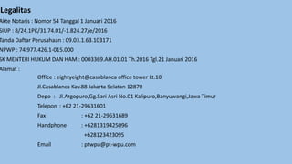 .Legalitas
Akte Notaris : Nomor 54 Tanggal 1 Januari 2016
SIUP : 8/24.1PK/31.74.01/-1.824.27/e/2016
Tanda Daftar Perusahaan : 09.03.1.63.103171
NPWP : 74.977.426.1-015.000
SK MENTERI HUKUM DAN HAM : 0003369.AH.01.01 Th.2016 Tgl.21 Januari 2016
Alamat :
Office : eightyeight@casablanca office tower Lt.10
Jl.Casablanca Kav.88 Jakarta Selatan 12870
Depo : Jl.Argopuro,Gg.Sari Asri No.01 Kalipuro,Banyuwangi,Jawa Timur
Telepon : +62 21-29631601
Fax : +62 21-29631689
Handphone : +6281319425096
+628123423095
Email : ptwpu@pt-wpu.com
 
