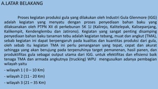 A.LATAR BELAKANG
Proses kegiatan produksi gula yang dilakukan oleh Industri Gula Glenmore (IGG)
adalah kegiatan yang menyatu dengan proses penyediaan bahan baku yang
dilaksanakan oleh PTPN XII di perkebunan 5K 1J (Kalirejo, Kalitelepak, Kalisepanjang,
Kalikempit, Kendenglembu dan Jatirono). Kegiatan yang sangat penting disamping
penyediaan bahan baku tanaman tebu adalah kegiatan tebang, muat dan angkut (TMA),
sebab kegiatan ini dapat berpengaruh pada kualitas dan kuantitas produksi dari gula,
oleh sebab itu kegiatan TMA ini perlu penanganan yang tepat, cepat dan akurat
sehingga yang akan berujung pada terpenuhinya target pemanenan, hasil panen, dan
produktifitas gula sebagai output utama dari IGG. untuk efektifitas dan efisiensi baik
tenaga TMA dan armada angkutnya (trucking) WPU mengusulkan adanya pembagian
wilayah yaitu
- wilayah 1 ( 0 – 10 Km)
- wilayah 2 (11 - 20 Km)
- wilayah 3 (21 – 35 Km)
 