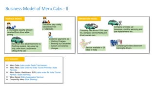 Business Model of Meru Cabs - II
REVENUE MODEL
a refundable security amount
received from driver while
joining
The driver pay a daily
subscription fee
(~1200 INR)
Meru earn thru advertisements by
Roof-top posters, rare view top
strip, side doors, and interior
sitting of the cab
OPERATION MODEL
Company has around 7500 cars
inc. company owned fleets and
driver owned cars
Service available in 25
cities of India
Company provides car
insurance, monthly servicing and
tyre replacements etc.
Company provides classroom
training to drivers
Customer payments as
- Waiting Charges
- Booking by Call center
- Airport convenience
charges
KEY SERVICES
 Meru Cabs (cabs under Radio Taxi license)
 Meru Flexi (cabs under All India Tourist Permits / State
Permits)
 Meru Sedan, Hatchback, SUV (cabs under All India Tourist
Permits / State Permits)
 Meru Genie (Cabs Aggregator Service)
 Carpool by Meru (Ride Sharing)
 
