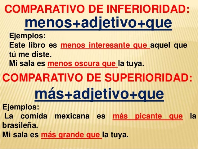 COMPARATIVO DE INFERIORIDAD:    menos+adjetivo+que Ejemplos: Este libro es menos interesante que aquel que tú me diste. Mi...