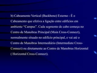 b) Cabeamento Vertical (Backbone) Externo - É o
Cabeamento que efetiva a ligação entre edifícios em
ambiente “Campus”. Cad...