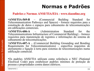 CabeamentoEstruturado
Cabeamento 1 11
Normas e Padrões
Padrões e Normas ANSI/TIA/EIA - www.tiaonline.org
•ANSI/TIA-569-B – (Commercial Building Standard for
Telecommunication Pathways and Spaces) - fornece requisitos para a
construção de dutos e espaços para cabeamento de telecomunicações
em edificações comerciais.
•ANSI/TIA-606-A – (Administration Standard for the
Telecommunications Infrastructure of Commercial Building) – fornece
requisitos para manutenção de registros e informações do sistema de
cabeamento de telecomunicações.
•ANSI/TIA-607-A – (Commercial Building Grounding and Bonding
Requirements for Telecommunications) – especifica requisitos de
aterramento e ligação à terra para sistemas de telecomunicações numa
edificação comercial.
•Os padrões ANSI/TIA utilizam como referência o NEC (National
Electrical Code) para estabelecer padrões mínimos de proteção de
pessoas e propriedades contra danos elétricos.
 