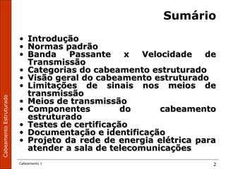 CabeamentoEstruturado
Cabeamento 1 2
Sumário
• IntroduçãoIntrodução
• Normas padrãoNormas padrão
• Banda Passante x Velocidade deBanda Passante x Velocidade de
TransmissãoTransmissão
• Categorias do cabeamento estruturadoCategorias do cabeamento estruturado
• Visão geral do cabeamento estruturadoVisão geral do cabeamento estruturado
• Limitações de sinais nos meios deLimitações de sinais nos meios de
transmissãotransmissão
• Meios de transmissãoMeios de transmissão
• Componentes do cabeamentoComponentes do cabeamento
estruturadoestruturado
• Testes de certificaçãoTestes de certificação
• Documentação e identificaçãoDocumentação e identificação
• Projeto da rede de energia elétrica paraProjeto da rede de energia elétrica para
atender a sala de telecomunicaçõesatender a sala de telecomunicações
 