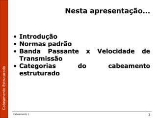 CabeamentoEstruturado
Cabeamento 1 3
Nesta apresentação...
• IntroduçãoIntrodução
• Normas padrãoNormas padrão
• Banda Passante x Velocidade deBanda Passante x Velocidade de
TransmissãoTransmissão
• Categorias do cabeamentoCategorias do cabeamento
estruturadoestruturado
 