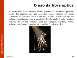 CabeamentoEstruturado
Cabeamento 1 30
O uso da fibra óptica
• O uso de fibra óptica aumenta a banda passante do cabeamento, porém o
custo dos equipamentos que convertem sinais elétricos em sinais
luminosos e vice-versa ainda é elevado. A fibra é mais utilizada no
cabeamento primário, onde a quantidade de informação é maior, sendo o
restante do sistema realizado com par trançado. Existem, porém,
cabeamentos ópticos centralizados, com fibra do início ao fim.
 