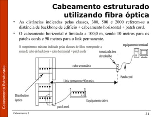 CabeamentoEstruturado
Cabeamento 2 31
Cabeamento estruturado
utilizando fibra óptica
• As distâncias indicadas pelas classes, 300, 500 e 2000 referem-se a
distância de backbone de edifício + cabeamento horizontal + patch cord.
• O cabeamento horizontal é limitado a 100,0 m, sendo 10 metros para os
patchs cords e 90 metros para o link permanente.
 