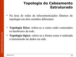 CabeamentoEstruturado
Cabeamento 2 32
Topologia do Cabeamento
Estruturado
• Na área de redes de telecomunicações falamos de
topologia em dois sentidos diferentes:
• Topologia física: refere-se a como estão conectados
os hardwares da rede.
• Topologia lógica: refere-se a forma como é realizada
a transmissão de dados na rede.
 