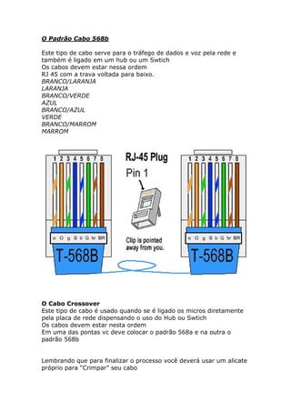 O Padrão Cabo 568b

Este tipo de cabo serve para o tráfego de dados e voz pela rede e
também é ligado em um hub ou um Swtich
Os cabos devem estar nessa ordem
RJ 45 com a trava voltada para baixo.
BRANCO/LARANJA
LARANJA
BRANCO/VERDE
AZUL
BRANCO/AZUL
VERDE
BRANCO/MARROM
MARROM




O Cabo Crossover
Este tipo de cabo é usado quando se é ligado os micros diretamente
pela placa de rede dispensando o uso do Hub ou Swtich
Os cabos devem estar nesta ordem
Em uma das pontas vc deve colocar o padrão 568a e na outra o
padrão 568b


Lembrando que para finalizar o processo você deverá usar um alicate
próprio para “Crimpar” seu cabo
 