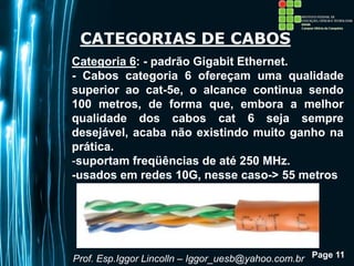 Page 11
CATEGORIAS DE CABOS
Categoria 6: - padrão Gigabit Ethernet.
- Cabos categoria 6 ofereçam uma qualidade
superior ao cat-5e, o alcance continua sendo
100 metros, de forma que, embora a melhor
qualidade dos cabos cat 6 seja sempre
desejável, acaba não existindo muito ganho na
prática.
-suportam freqüências de até 250 MHz.
-usados em redes 10G, nesse caso-> 55 metros
Prof. Esp.Iggor Lincolln – Iggor_uesb@yahoo.com.br
 
