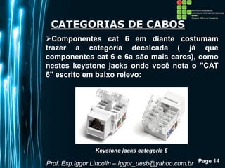 Page 14
CATEGORIAS DE CABOS
Componentes cat 6 em diante costumam
trazer a categoria decalcada ( já que
componentes cat 6 e 6a são mais caros), como
nestes keystone jacks onde você nota o "CAT
6" escrito em baixo relevo:
Prof. Esp.Iggor Lincolln – Iggor_uesb@yahoo.com.br
Keystone jacks categoria 6
 