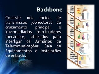Consiste nos meios de
transmissão ,conectores de
cruzamento
principal
e
intermediários, terminadores
mecânicos, utilizados para
interligar os Armários de
Telecomunicações, Sala de
Equipamentos e instalações
de entrada.

 